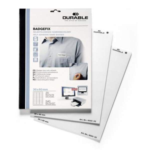 Бейдж Durable, самоклеящийся, нагрудный, 30 x 60 мм, 27 штук на листе D8333-02