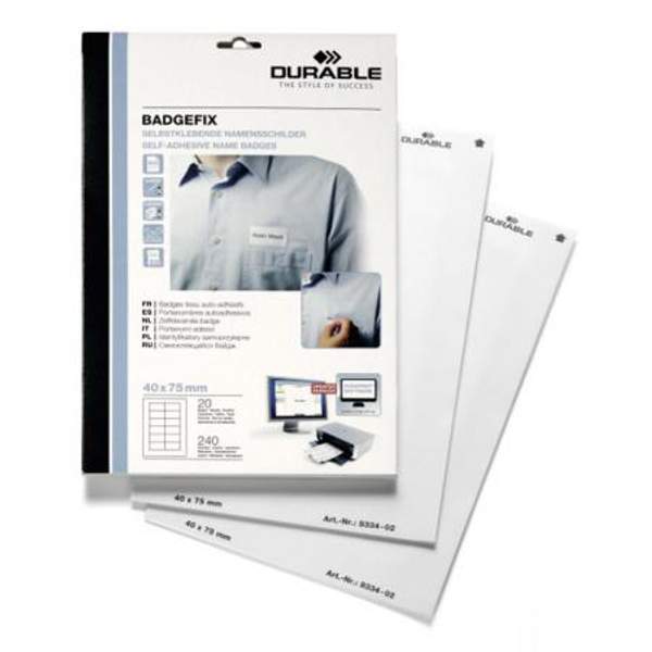 Бейдж Durable, самоклеящийся, нагрудный, 40 x 75 мм, 12 штук на листе D8334-02