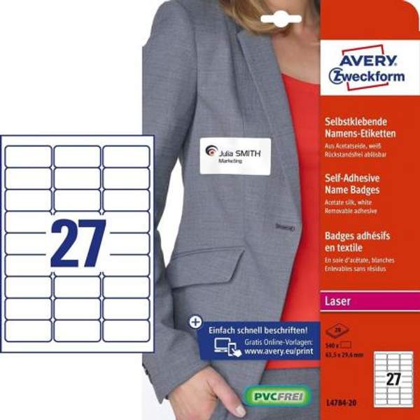 Бейдж самоклеящийся Avery Zweckform, ацетатный шелк, L+CL, белый, 120 гр/м2, 63.5 х 29.6 мм, 540 шт ZWL4784-20