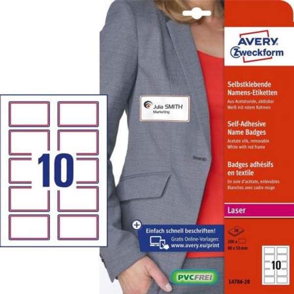 Бейдж самоклеящийся Avery Zweckform, L+CL, белый в красной рамке, 120 гр/м2, 80 х 50 мм, 200 штук ZWL4786-20