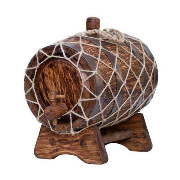 Бочка 5 л под старину в оплетке на подставке дуб