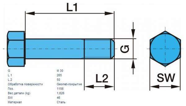 Болт BPW M30x265 G8.8 SW46 крепления полурессоры аналог
