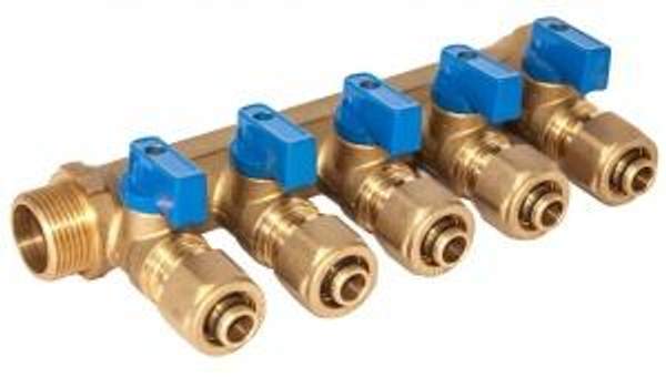 Cантехнический коллектор с шаровыми кранами TIM 3/4" - ф 16 Цанга / 5 вых.,200-3/4(5)