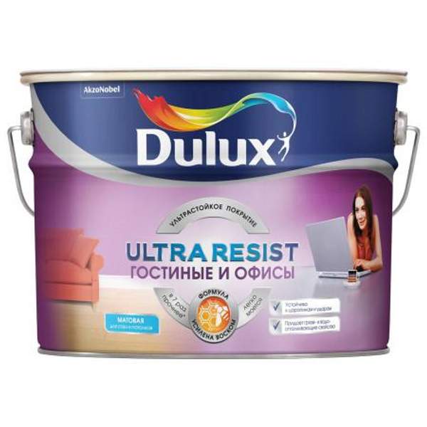 DULUX ULTRA RESIST ГОСТИНЫЕ И ОФИСЫ КРАСКА ПОВЫШЕННОЙ ИЗНОСОСТОЙКОСТИ ДЛЯ СТЕН И ПОТОЛКОВ МАТОВАЯ ДУЛЮКС