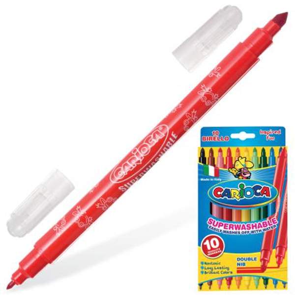 Фломастеры двухсторонние CARIOCA (Италия) "Birello", 10 цветов, 2 пишущих узла 2,5 и 5 мм, суперсмываемые