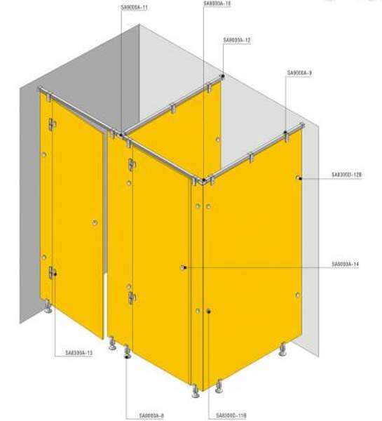 Фурнитура для стеклянных туалетных кабин и душевых перегородок. Steelka Glass. Сантехперегородки HPL, система Steelka