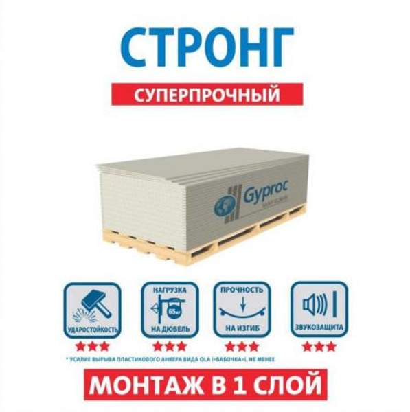 Гипсокартон Gyproc Стронг суперпрочный 15х1200х2500 мм