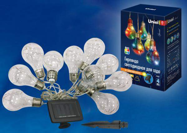 Гирлянда садовая USL-C126/PT4000 BULBS Садовая гирлянда на солнечной батарее «Лампочки». 10 светодиодов. Разноцветный свет. 1*АA Ni-Mh аккумулятор в/к. IP44. TM Uniel.