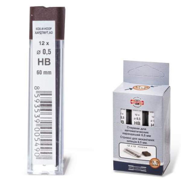 Грифели запасные KOH-I-NOOR, КОМПЛЕКТ 12 шт., НВ, 0,5 мм, 4152/НВ