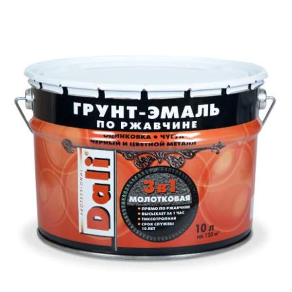 Грунт-эмаль по ржавчине 3 в 1 с молотковым эффектом DALI® 10 литров