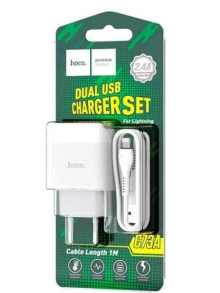 Hoco / Зарядка для Айфона / Сетевое зарядное устройство 2 USB + кабель Lightning для iPhone / C73A Hoco