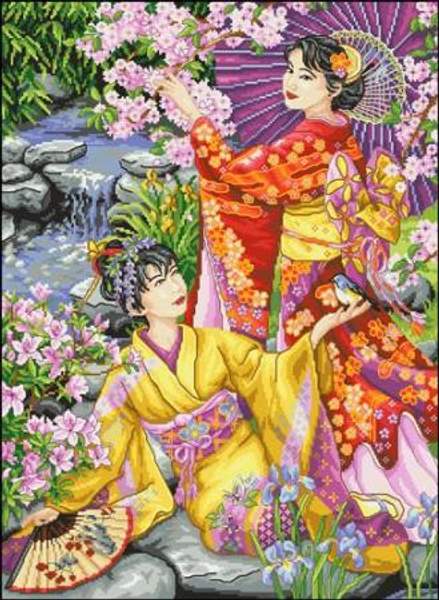 Канва с нанесённым рисунком А-015 Японки с саду 43.5 х 60.5 см