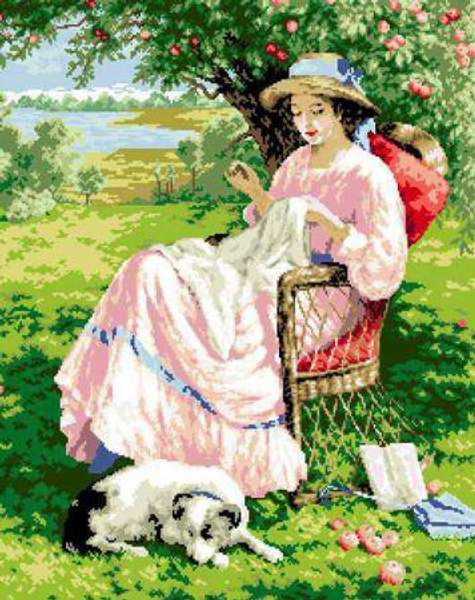 Канва с нанесённым рисунком А-017 Дама в яблоневом саду 43 х 51.5 см