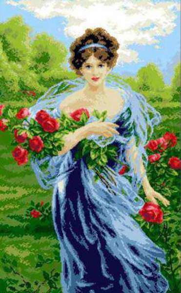 Канва с нанесённым рисунком А-018 Дама с розами 43,5 х 67,5 см