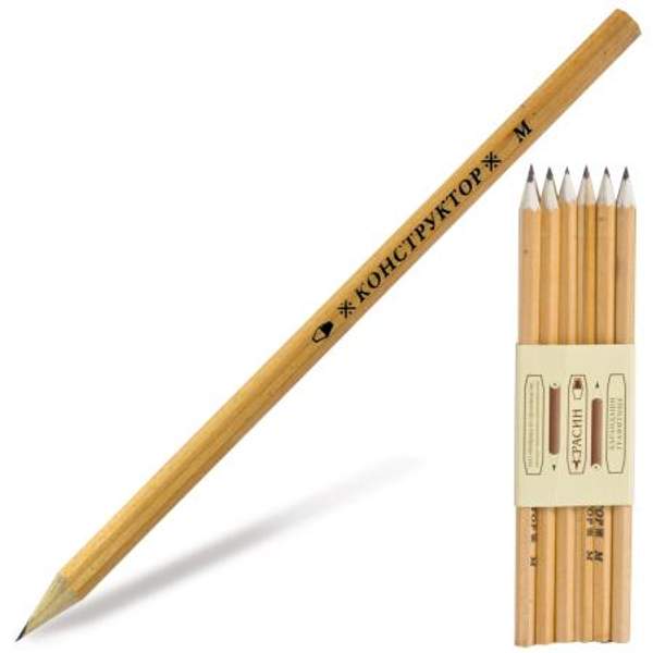 Карандаш чернографитный КРАСИН, 1 шт., "Конструктор", B, без резинки, 177 мм, заточенный
