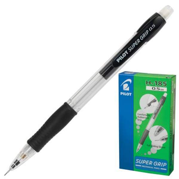 Карандаш механический PILOT H-185 "Super Grip", корпус черный, резиновый грип, ластик, 0,5 мм