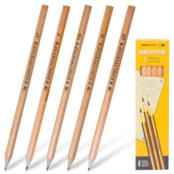 Карандаши чернографитные КРАСИН НАБОР 6 шт., "Конструктор", 2Т-2М, без резинки, заточенные