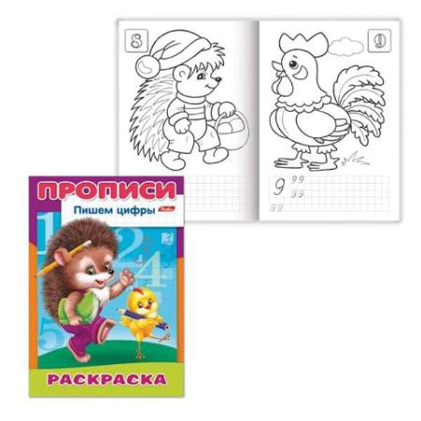 Книжка-раскраска А4, 8 л., HATBER, Прописи-Цифры, "Ежик", 8Р4 10919