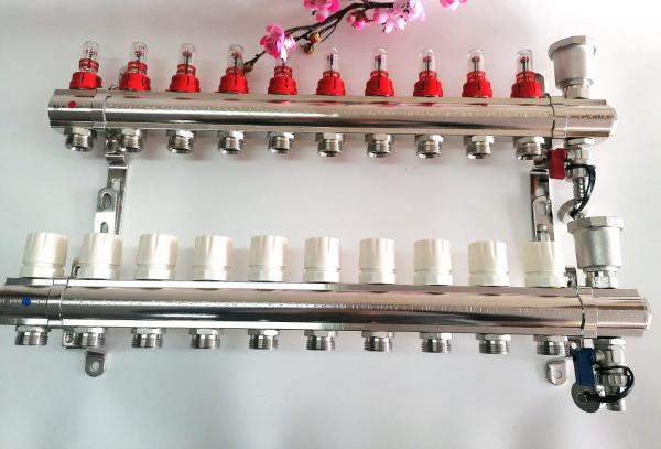 Коллектор для теплого пола латунный TIM на 10 выходов с расходомерами 1" - 3/4" евроконус, арт.KC010