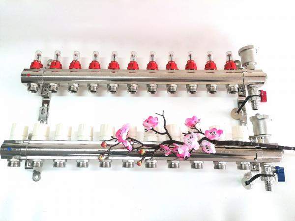 Коллектор для теплого пола латунный TIM на 11 выходов с расходомерами 1" - 3/4" евроконус, арт.KC011