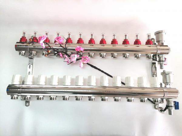 Коллектор для теплого пола латунный TIM на 12 выходов с расходомерами 1" - 3/4" евроконус, арт.KC012