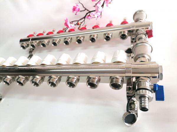 Коллектор для теплого пола латунный TIM на 9 выходов с расходомерами 1" - 3/4" евроконус, арт.KC009