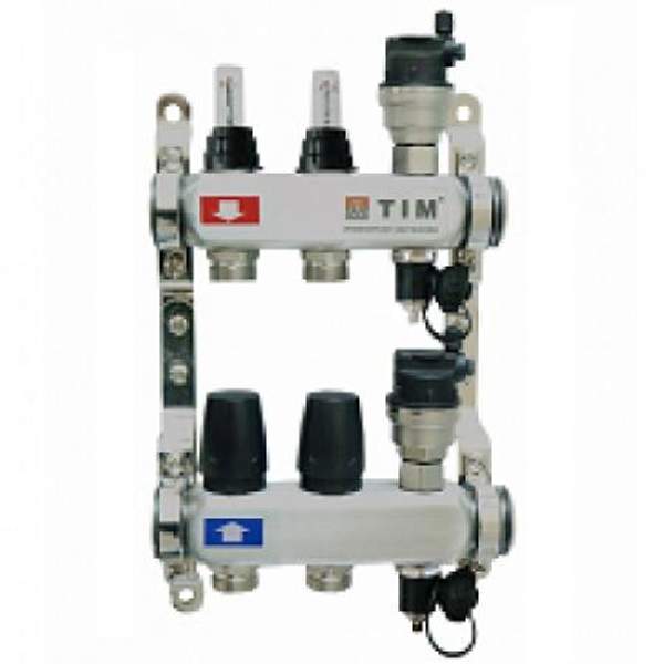 Коллектор для теплого пола TIM на 2 выхода с расходомерами из нержавеющей стали 1" - 3/4" евроконус KCS5002