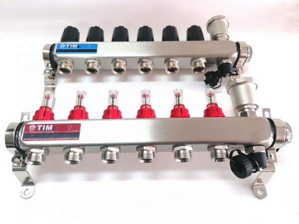 Коллектор для теплого пола TIM на 6 выходов с расходомерами из нержавеющей стали 1" - 3/4" евроконус KCS5006