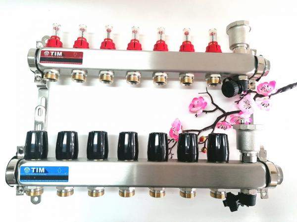 Коллектор для теплого пола TIM на 7 выходов с расходомерами из нержавеющей стали 1" - 3/4" евроконус KCS5007