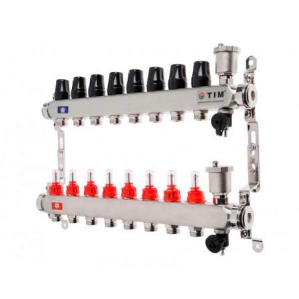 Коллектор для теплого пола TIM на 8 выходов с расходомерами из нержавеющей стали 1" - 3/4" евроконус KCS5008