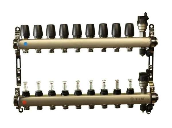Коллектор для теплого пола TIM на 9 выходов с расходомерами из нержавеющей стали 1" - 3/4" евроконус KCS5009