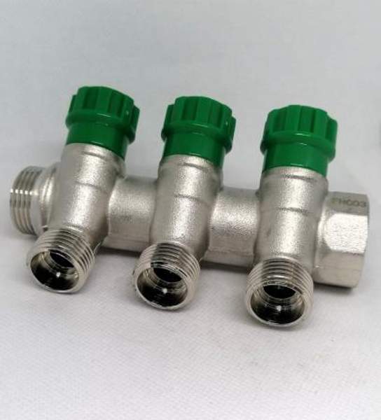 Коллектор распределительный вентильный 3/4", 3 отвода 1/2" под евроконус (10) TIM арт. MR135N-3/4-3