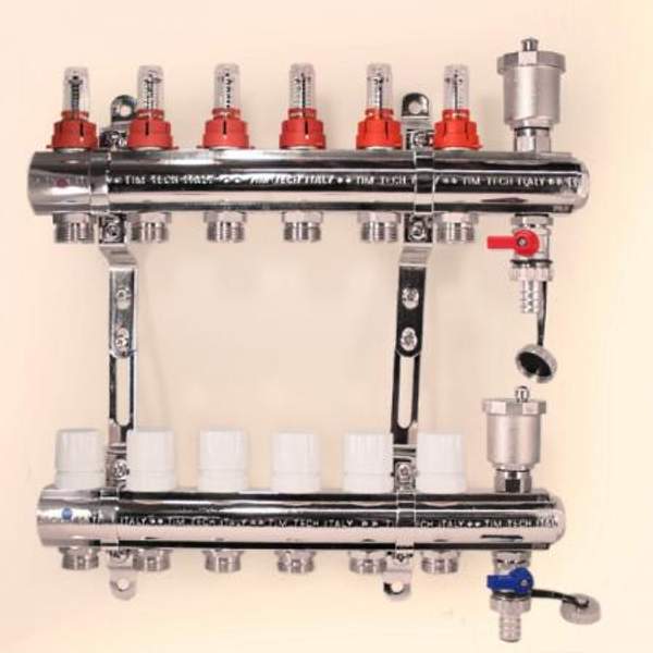 Коллекторная группа 1", 6 ходов латунный корпус без кранов TIM KC006