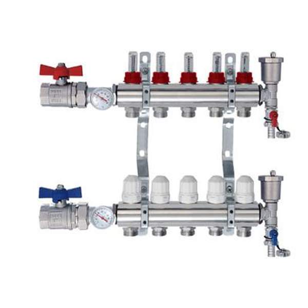 Коллекторная группа для теплого пола с расходомерами, концевыми элементами и шаровыми кранами с термометрами TIM, 10 контуров,KA010