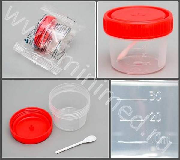 Контейнер одноразовый медицинский полимерный КО0НЛПП-30 с ложкой и красной крышкой ИУ, низкий, стерильный, ПЕРИНТ, инд.уп/уп.500 шт