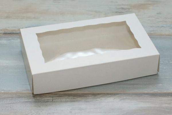 Коробка для пирожных с окном,белая, 210х100х50 мм