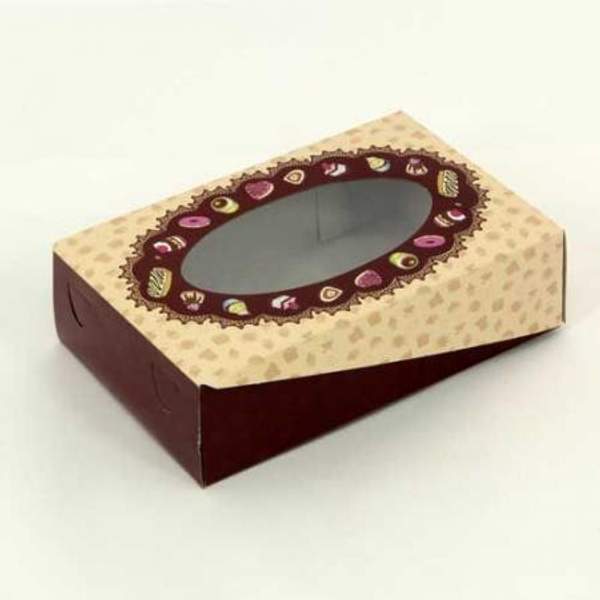 Коробка для пирожных с окном, полноцветная, 150х233х70 мм