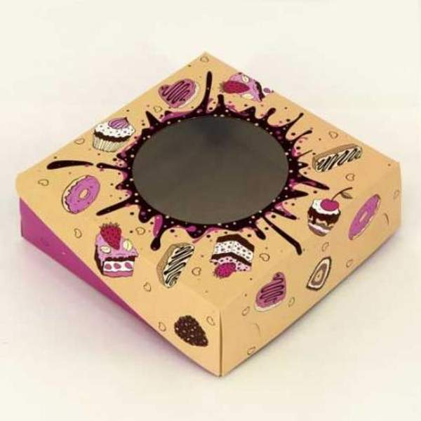 Коробка для пирожных с окном, полноцветная, 220х220х80 мм