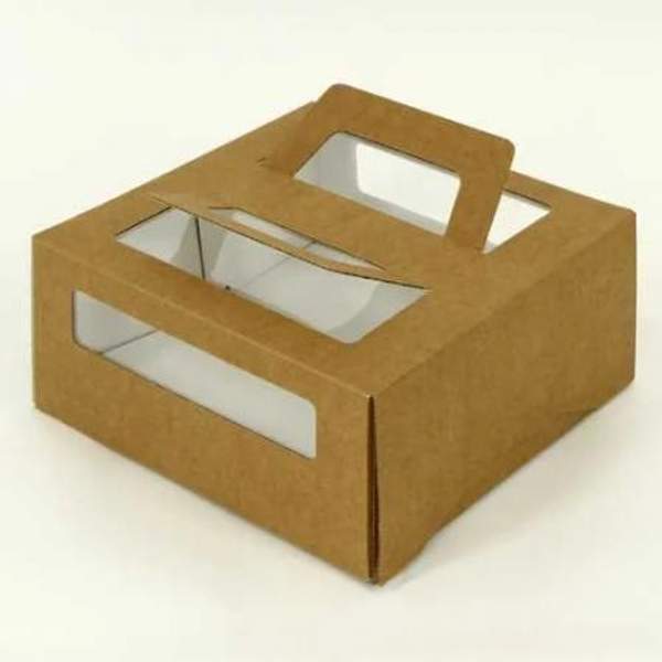 Коробка для торта 1.5 кг, бурая, ручка&окно, 260х260х130 мм