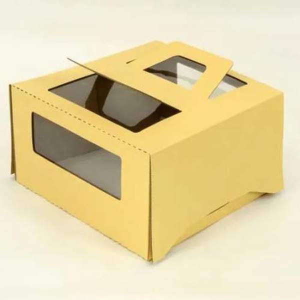 Коробка для торта 2 кг, бежевая, ручка&окно, 300х300х170 мм