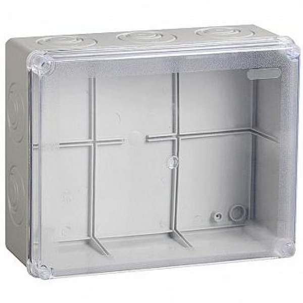 Коробка КМ41275 распаячная для о/п 240х195х90 мм? IP44 (RAL7035, прозр. кр., кабельные вводы 5 шт) | код. UKO10-240-195-090-K51-44 | IEK