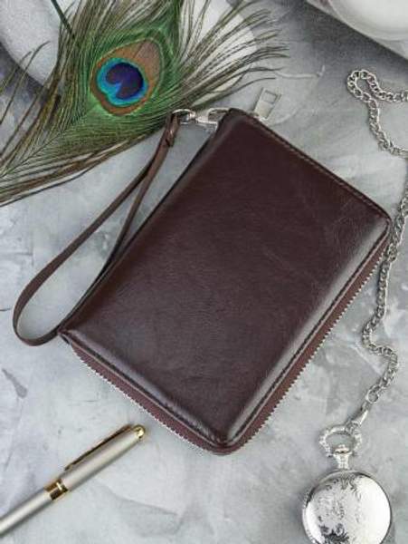 Кошелек-футляр для документов мужской, на застежке молнии, с держателем на запястье, из эко-кожи, коричневого