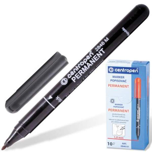 Маркер перманентный (нестираемый) CENTROPEN, ЧЕРНЫЙ, тонкий наконечник, 1 мм