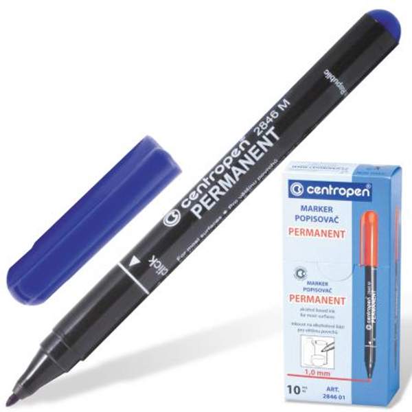 Маркер перманентный (нестираемый) CENTROPEN, СИНИЙ, тонкий наконечник, 1 мм