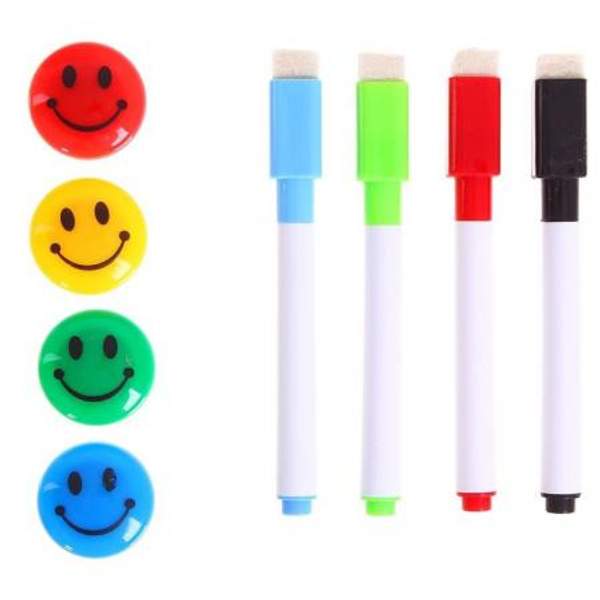 Маркеры цветные со стиралкой 4 штуки + 4 магнита