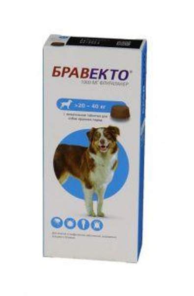 MSD Animal Health Бравекто жевательная таблетка для собак 20-40кг 1000мг