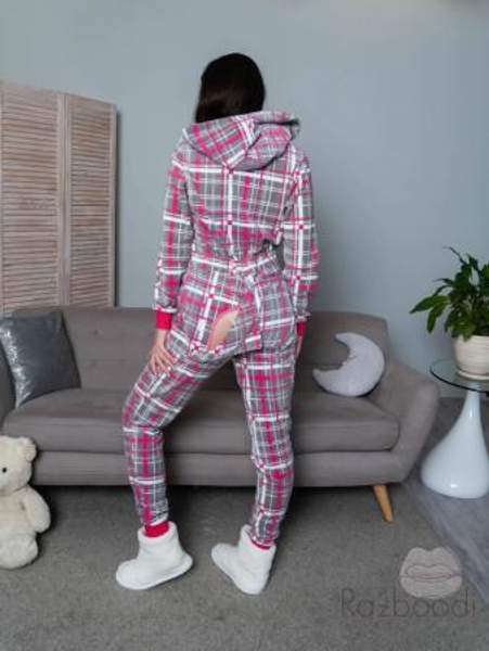 Пижама с открытой попой В Клетку серая (S, С капюшоном)
