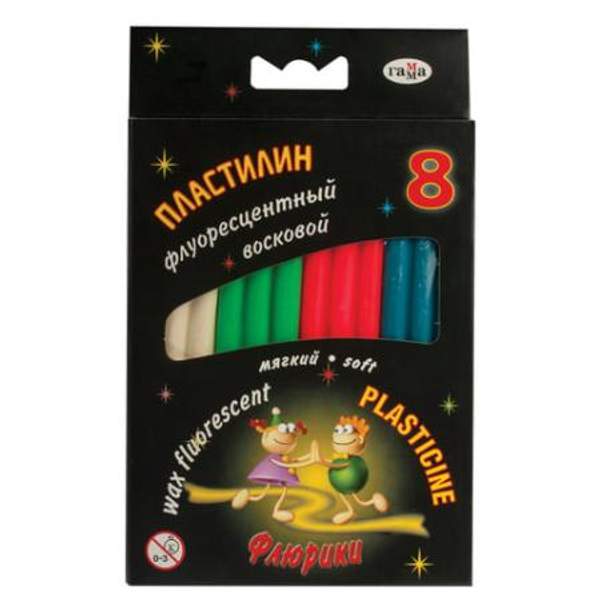 Пластилин ГАММА флюоресцентный "Флюрики", 8 цветов, 102 г, со стеком, коробка с европодвесом, 280035Н