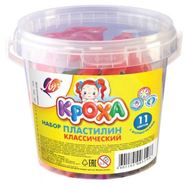 Пластилин мягкий ЛУЧ "Кроха", 11 цветов, 220 г, 6 формочек, в ведре, 12С784-08