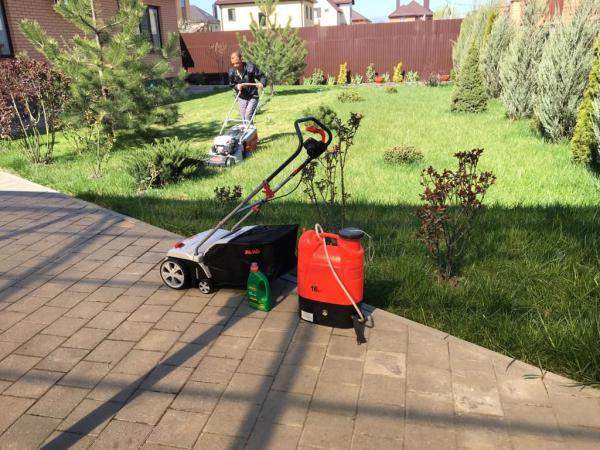 Подкормка растений и газона.